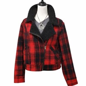 Jessica Simpson Womens Sz L, Sherpa, Red and Black Crosshair Plaid Moto Jacket